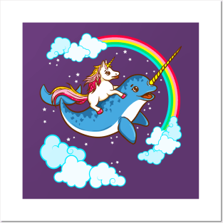 Unicorn Riding Narwhal Cute Magical Posters and Art